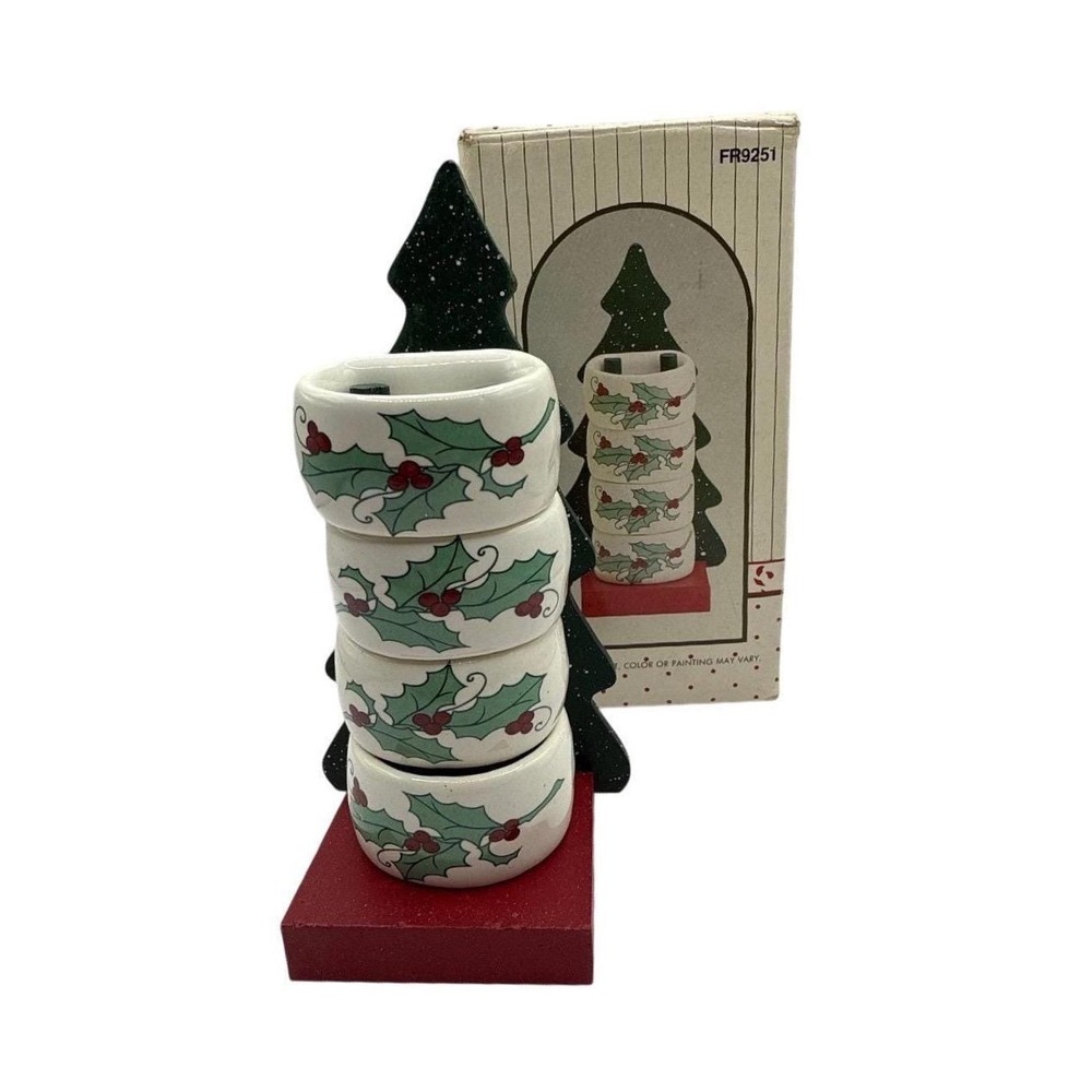 Vintage Christmas Napkin Rings Set w Holder Holly Taiwan